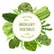 Green leafy vegetables, Round label, text, copt space. farm fresh Spinach, Dandelion, broccoli, Romaine Lettuce, kale