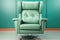 A green leather recliner chair in front of a green wall. Generative AI image.