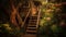 Green leaves adorn rustic staircase in forest cottage generated by AI