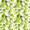 Green leaves, birds. Forest or park repeating background pattern. Watercolor