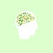 Green leaves brain, human head silhouette. Thinking process symbol, brain and neurons health, clean environment sign