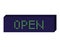 Green LED dot matrix display showing word 'OPEN' on dark board. Business welcoming sign, open for customers