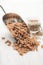 Green lentil fusilli pasta on a wooden background