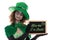 Green Leprechaun holding a slate with text Kiss me iÂ´m irish, i