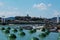 The green Liberty bridge in Budapest and the Danube river