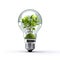 A green lightbulb cradled by vibrant leaves, evoking the harmony between innovation and the environment.