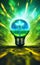 A green lightbulb emitting a bright, glowing energy field. Generative Ai