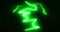 Green lightning bolts electrical current moving wildly across a black background with moving particl