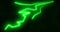 Green lightning bolts electrical current moving wildly across a black background with moving particl