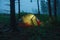 Green lightweight freestanding three-season 2-person tent on forest in the morning after rain in Beskid Mountains