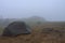 Green lightweight freestanding three-season 2-person tent on  hill in grass in the morning after rainstorm.  Jesenik mountains,