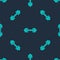 Green line Barbell icon isolated seamless pattern on blue background. Muscle lifting icon, fitness barbell, gym, sports