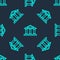 Green line Courthouse building icon isolated seamless pattern on blue background. Building bank or museum. Vector