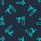 Green line Gallows rope loop hanging icon isolated seamless pattern on blue background. Rope tied into noose. Suicide