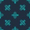 Green line Knee pads icon isolated seamless pattern on blue background. Extreme sport. Skateboarding, bicycle, roller