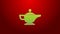 Green line Magic lamp or Aladdin lamp icon isolated on red background. Spiritual lamp for wish. 4K Video motion graphic