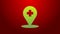 Green line Medical map pointer with cross hospital icon isolated on red background. 4K Video motion graphic animation