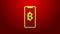 Green line Phone mobile and cryptocurrency coin Bitcoin icon isolated on red background. Physical bit coin. Blockchain