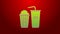 Green line Popcorn in cardboard box and paper glass with drinking straw and water icon isolated on red background. Soda