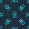 Green line Teddy bear plush toy icon isolated seamless pattern on blue background. Vector