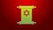 Green line Torah scroll icon isolated on red background. Jewish Torah in expanded form. Star of David symbol. Old