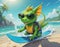 Green little dragon swims in the sea, skis and lies on the beach in dark glasses