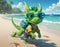 Green little dragon swims in the sea, skis and lies on the beach in dark glasses