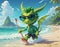 Green little dragon swims in the sea, skis and lies on the beach in dark glasses