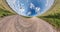 Green little planet revolves among fields with beautiful blue sky with white clouds. tiny planet transformation with curvature of