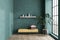 Green living room with bench and shelf