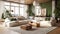 Green living room interior design with neutral color sofa, indoor plant and wall art, modern minimal japandi scandinavian living