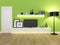 Green living room with tv stand and bookcase