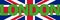 Green London text over UK flag