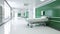 Green Long hospital bright corridor with rooms and seats