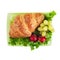 Green lunch box with croissant, salad