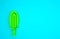 Green Magic sword in fire icon isolated on blue background. Fiery sword. Magic weapon of knight, sorcerer, magician