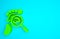 Green Magnifying glass with footsteps icon isolated on blue background. Detective is investigating. To follow in the