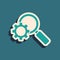 Green Magnifying glass and gear icon  on green background. Search gear tool. Business analysis symbol. Long shadow style.