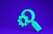 Green Magnifying glass and gear icon isolated on blue background. Search gear tool. Business analysis symbol. 3d