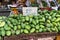 Green mangoes lying on a market counter. Exotic fruits of Asia