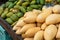 Green mangoes lying on a market counter. Exotic fruits of Asia