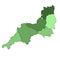 green map of South West England is a region of England, with borders of the ceremonial counties and different colour