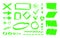 Green marker highlighter shapes, marks, pointers, strokes, lines. Simple hand drawn editable vector elements for notes, bullet