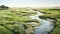 Green Marsh With River: Majestic Realism In Coastal Landscape Painting