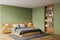 Green master bedroom corner with bookcase