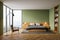 Green master bedroom interior with armchair