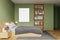 Green master bedroom with vertical poster