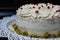 Green Matcha Homemade Cake Pistachio with Strawberry Cream. Dessert Cake with White Cream.