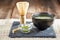 Green matcha powder and tea preparation