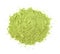 Green matcha powder on white background. Matcha made from finely ground green tea powder. Eat healthy because of high antioxidants